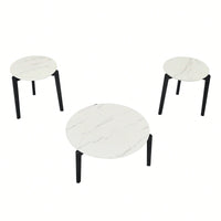 Modern 36 Inch Round Coffee Table With Imitation Marble Top And Solid Rubber Wood Legs For Living Room And Office