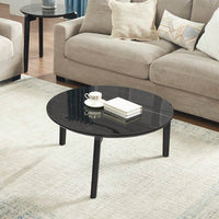 Modern 36 Inch Round Coffee Table With Imitation Marble Top And Solid Rubber Wood Legs For Living Room And Office