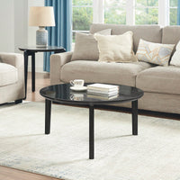 Modern 36 Inch Round Coffee Table With Imitation Marble Top And Solid Rubber Wood Legs For Living Room And Office