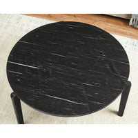 Modern 36 Inch Round Coffee Table With Imitation Marble Top And Solid Rubber Wood Legs For Living Room And Office