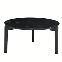 Modern 36 Inch Round Coffee Table With Imitation Marble Top And Solid Rubber Wood Legs For Living Room And Office