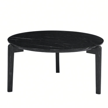 Modern 36 Inch Round Coffee Table With Imitation Marble Top And Solid Rubber Wood Legs For Living Room And Office