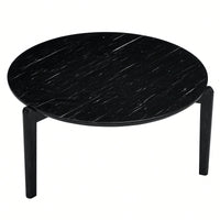 Modern 36 Inch Round Coffee Table With Imitation Marble Top And Solid Rubber Wood Legs For Living Room And Office