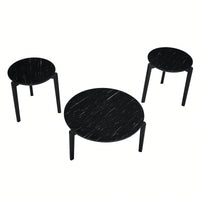 Modern 36 Inch Round Coffee Table With Imitation Marble Top And Solid Rubber Wood Legs For Living Room And Office