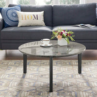 Modern 36 Inch Round Coffee Table With Imitation Marble Top And Solid Rubber Wood Legs For Living Room And Office