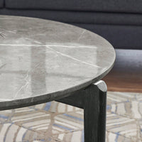 Modern 36 Inch Round Coffee Table With Imitation Marble Top And Solid Rubber Wood Legs For Living Room And Office