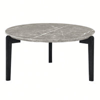 Modern 36 Inch Round Coffee Table With Imitation Marble Top And Solid Rubber Wood Legs For Living Room And Office