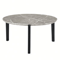 Modern 36 Inch Round Coffee Table With Imitation Marble Top And Solid Rubber Wood Legs For Living Room And Office