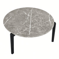 Modern 36 Inch Round Coffee Table With Imitation Marble Top And Solid Rubber Wood Legs For Living Room And Office