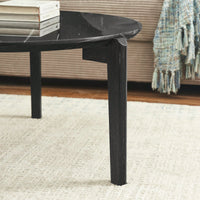 Modern 24 Inch Round Coffee Table With Imitation Marble Top And Solid Rubber Wood Legs For Living Room And Office