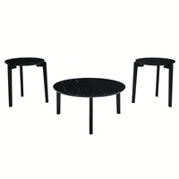 Modern 24 Inch Round Coffee Table With Imitation Marble Top And Solid Rubber Wood Legs For Living Room And Office