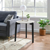 Modern 24 Inch Round Coffee Table With Imitation Marble Top And Solid Rubber Wood Legs For Living Room And Office
