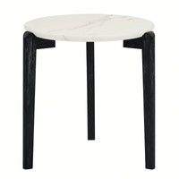Modern 24 Inch Round Coffee Table With Imitation Marble Top And Solid Rubber Wood Legs For Living Room And Office