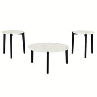 Modern 24 Inch Round Coffee Table With Imitation Marble Top And Solid Rubber Wood Legs For Living Room And Office