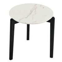 Modern 24 Inch Round Coffee Table With Imitation Marble Top And Solid Rubber Wood Legs For Living Room And Office