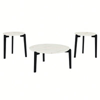Modern 24 Inch Round Coffee Table With Imitation Marble Top And Solid Rubber Wood Legs For Living Room And Office