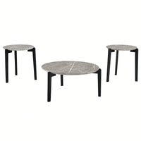 Modern 24 Inch Round Coffee Table With Imitation Marble Top And Solid Rubber Wood Legs For Living Room And Office