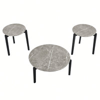 Modern 24 Inch Round Coffee Table With Imitation Marble Top And Solid Rubber Wood Legs For Living Room And Office