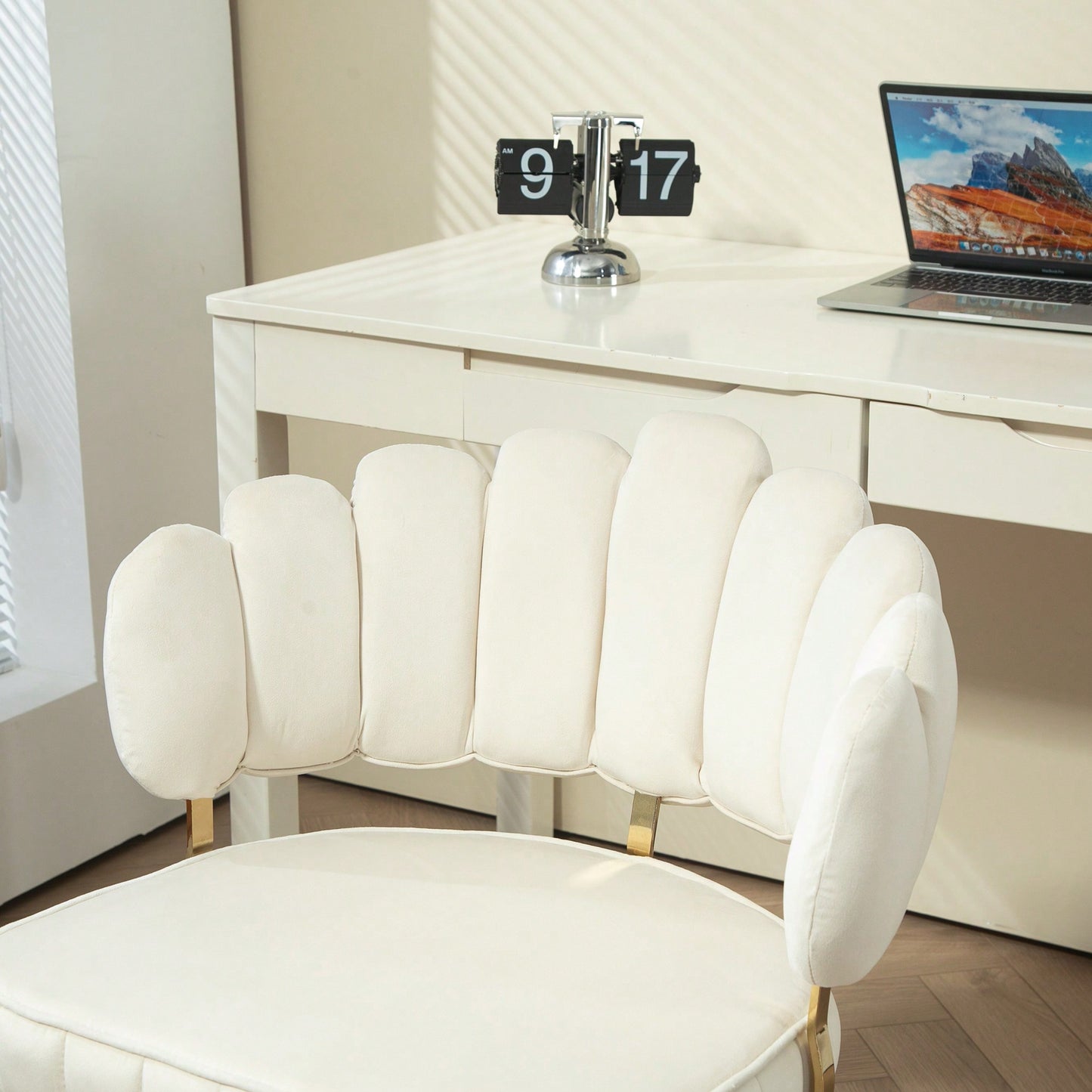 Modern Beige Velvet Swivel Desk Chair For Home Office Adjustable Height With Wheels