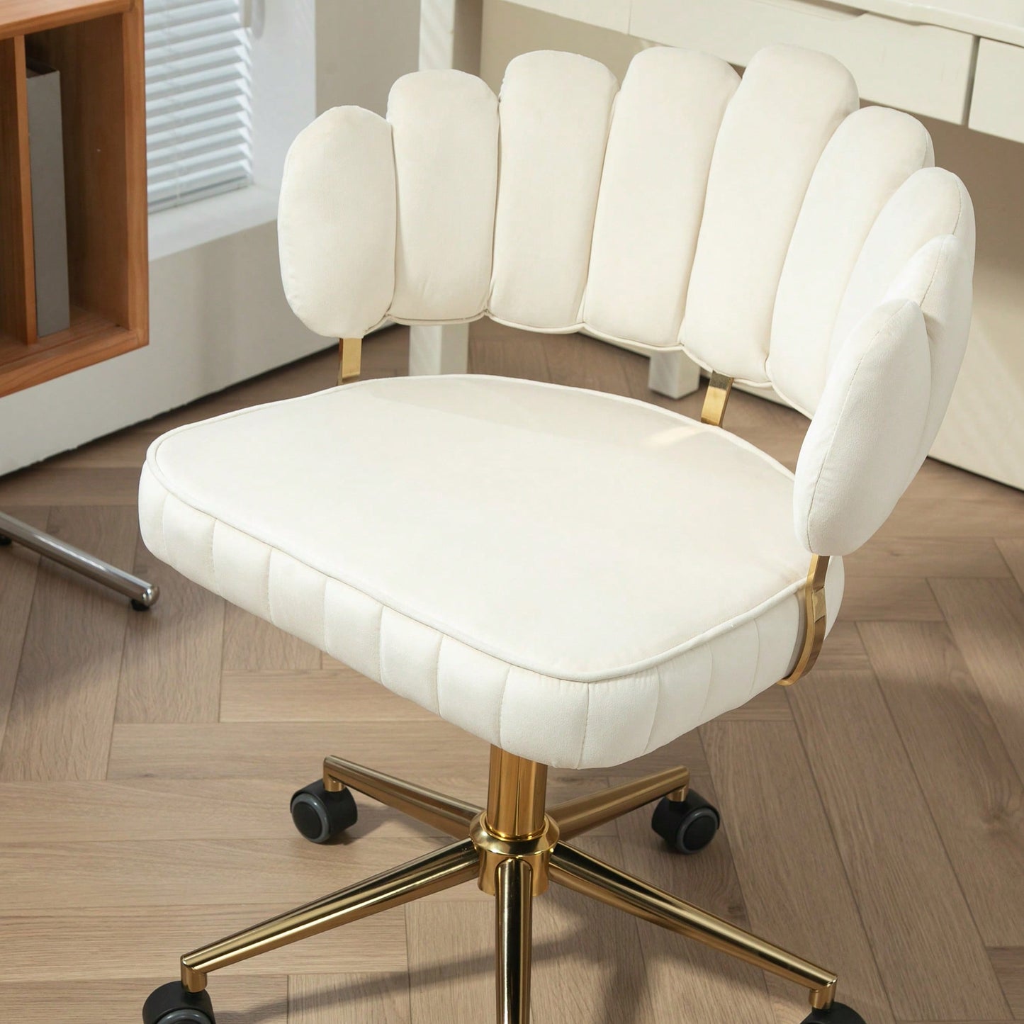 Modern Beige Velvet Swivel Desk Chair For Home Office Adjustable Height With Wheels