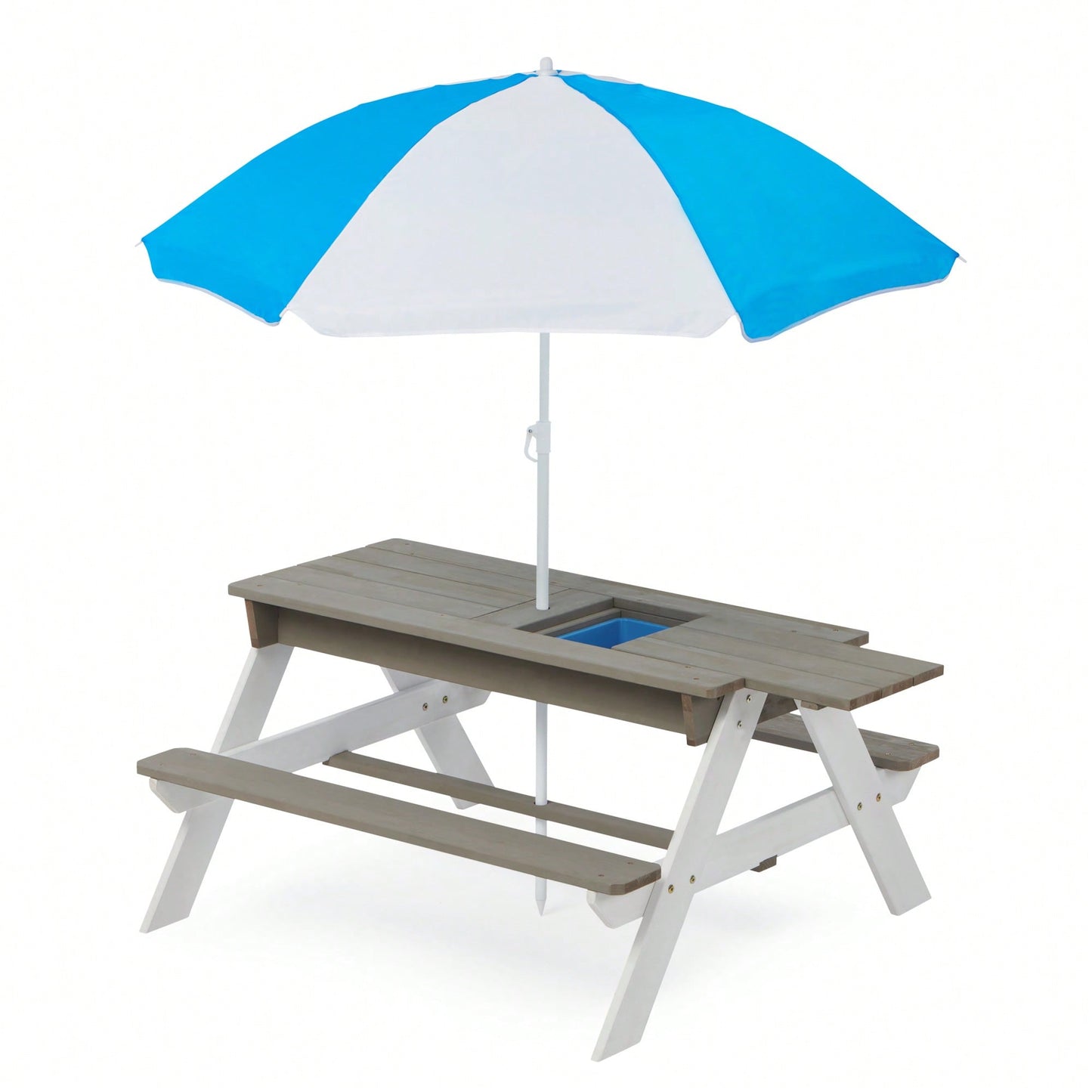 Outdoor Wooden Picnic Table With Umbrella For Kids - Sand And Water Activity Table For Backyard Play