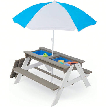 Outdoor Wooden Picnic Table With Umbrella For Kids - Sand And Water Activity Table For Backyard Play