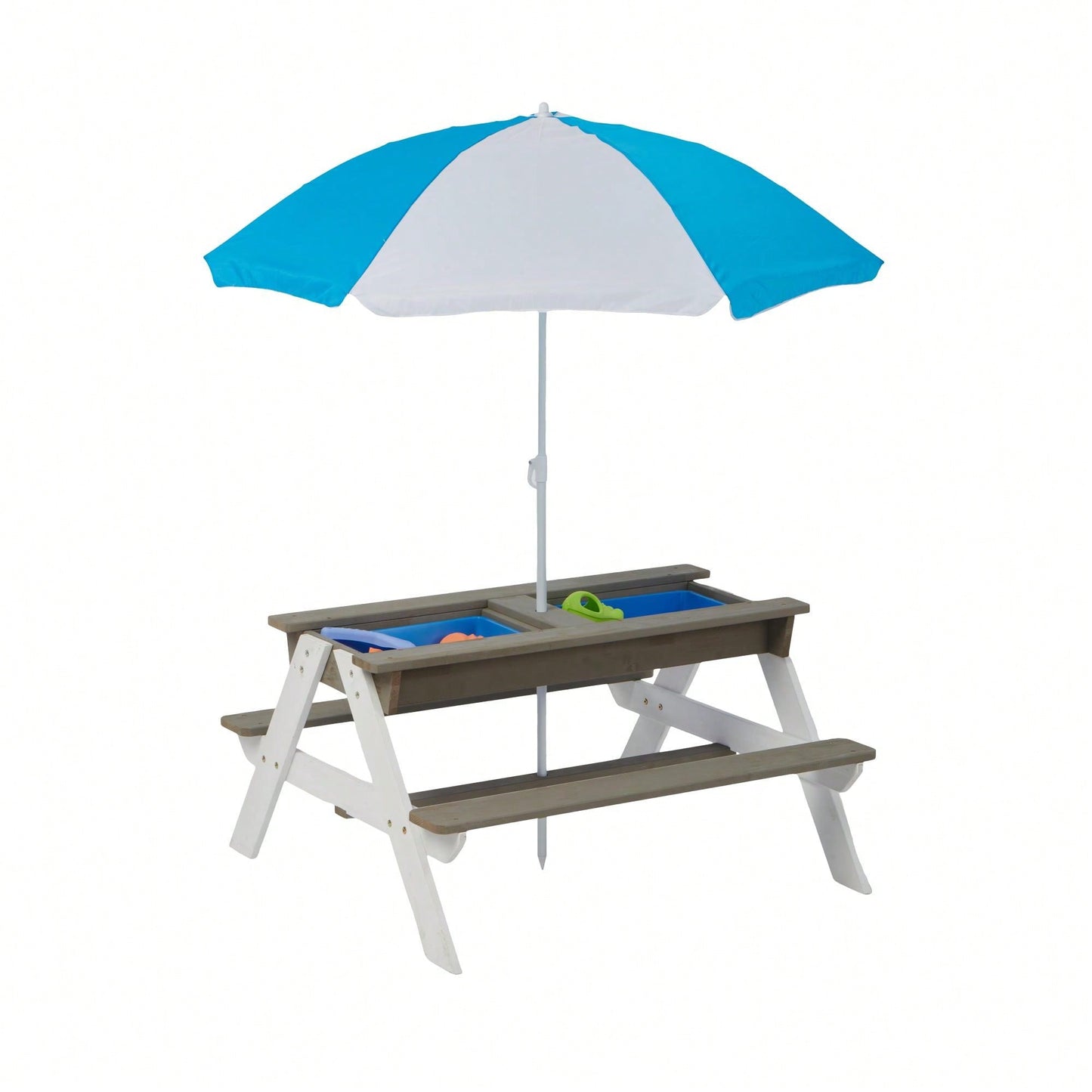 Outdoor Wooden Picnic Table With Umbrella For Kids - Sand And Water Activity Table For Backyard Play