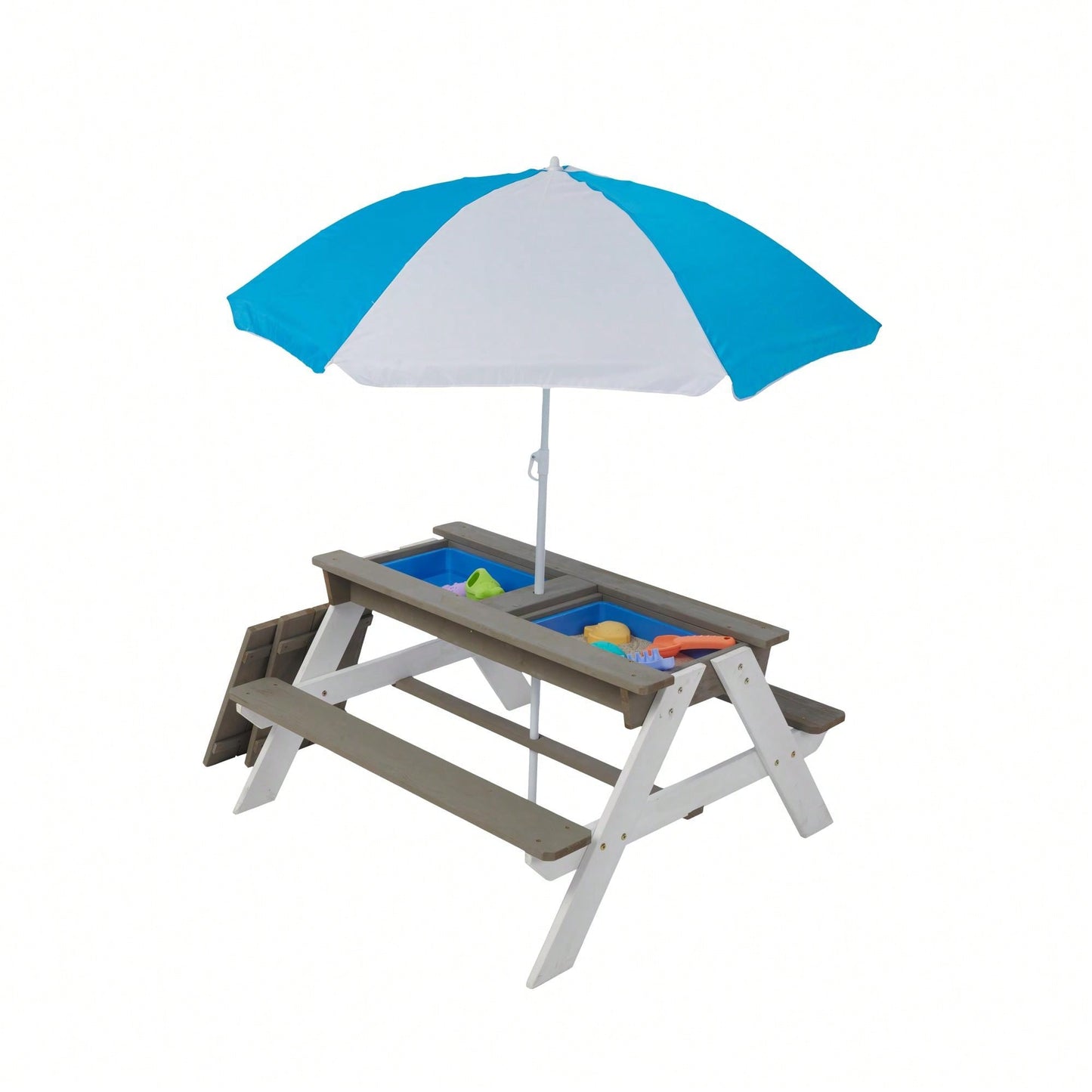 Outdoor Wooden Picnic Table With Umbrella For Kids - Sand And Water Activity Table For Backyard Play