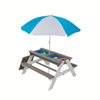 Outdoor Wooden Picnic Table With Umbrella For Kids - Sand And Water Activity Table For Backyard Play