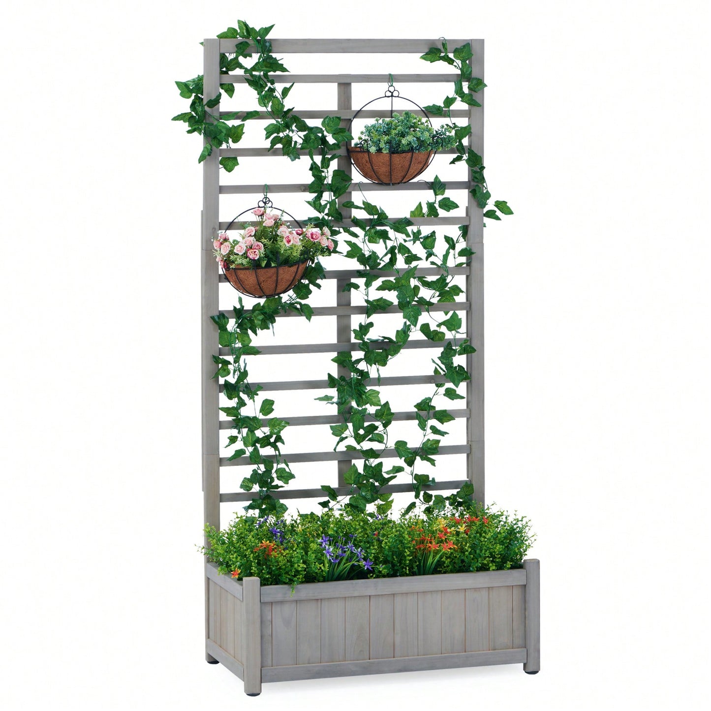 Elevated Wooden Garden Bed With Trellis For Climbing Plants And Vegetables, Perfect For Herbs And Outdoor Gardening