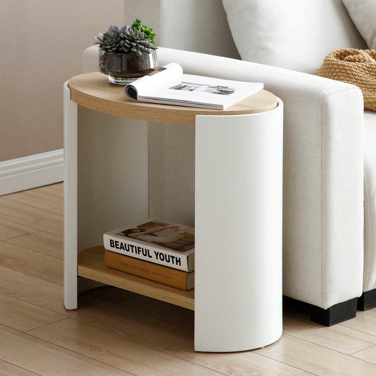 Compact Nightstand with Dual Shelves for Small Spaces Versatile Side Table for Bedroom Easy Assembly in Natural and White Finish