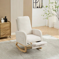 Comfortable High Back Rocking Chair with Retractable Footrest and Side Pocket Stylish Glider Armchair for Nursery Bedroom Caramel Finish