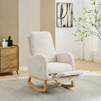 Comfortable High Back Rocking Chair with Retractable Footrest and Side Pocket Stylish Glider Armchair for Nursery Bedroom Caramel Finish