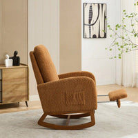 Comfortable High Back Rocking Chair with Retractable Footrest and Side Pocket Stylish Glider Armchair for Nursery Bedroom Caramel Finish