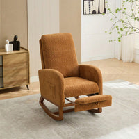 Comfortable High Back Rocking Chair with Retractable Footrest and Side Pocket Stylish Glider Armchair for Nursery Bedroom Caramel Finish