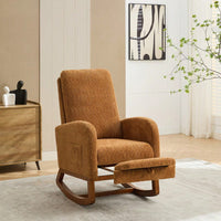 Comfortable High Back Rocking Chair with Retractable Footrest and Side Pocket Stylish Glider Armchair for Nursery Bedroom Caramel Finish