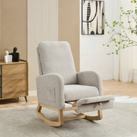 Comfortable High Back Rocking Chair with Retractable Footrest and Side Pocket Stylish Glider Armchair for Nursery Bedroom Caramel Finish