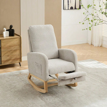 Comfortable High Back Rocking Chair with Retractable Footrest and Side Pocket Stylish Glider Armchair for Nursery Bedroom Caramel Finish