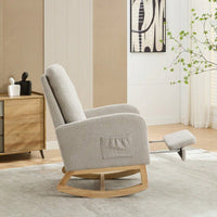 Comfortable High Back Rocking Chair with Retractable Footrest and Side Pocket Stylish Glider Armchair for Nursery Bedroom Caramel Finish