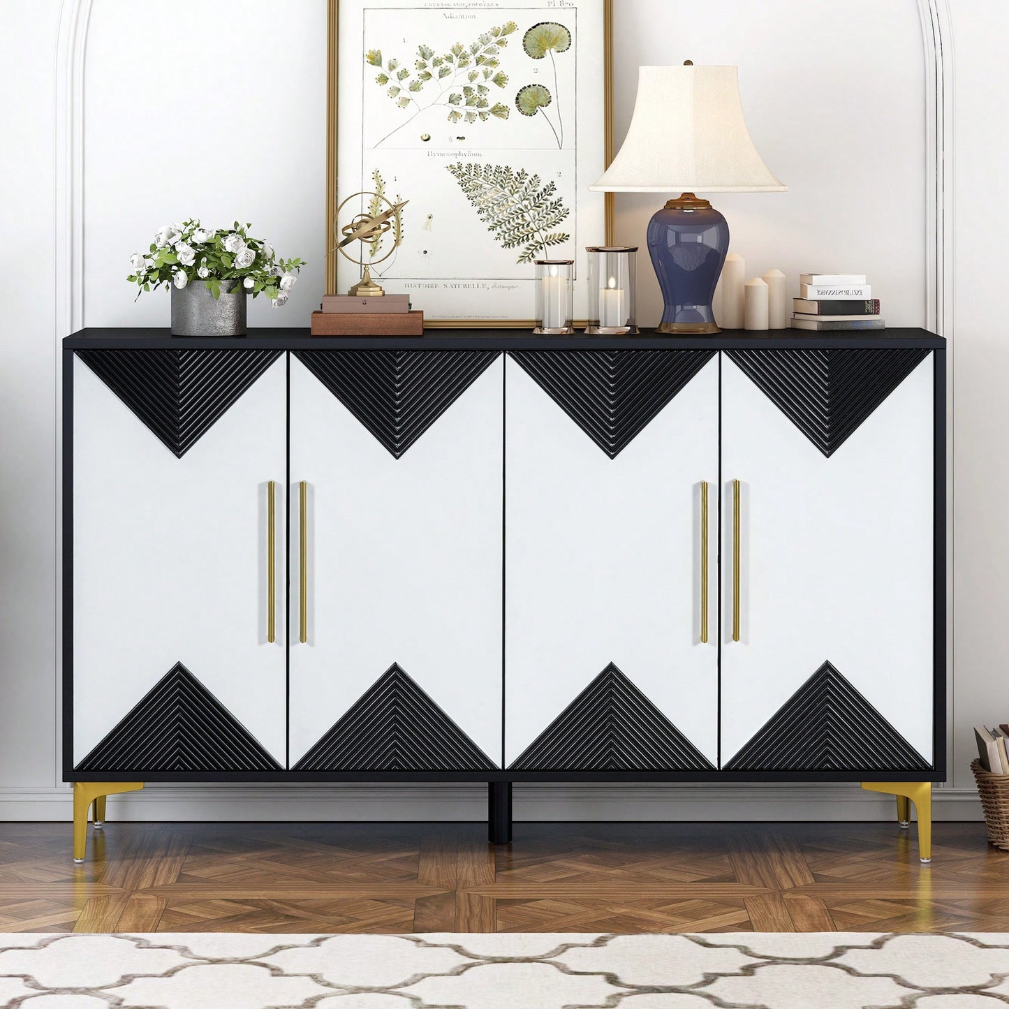 Two-Tone Triangular Pattern Four-Door Cabinet For Entryway Hallway Living Room Storage