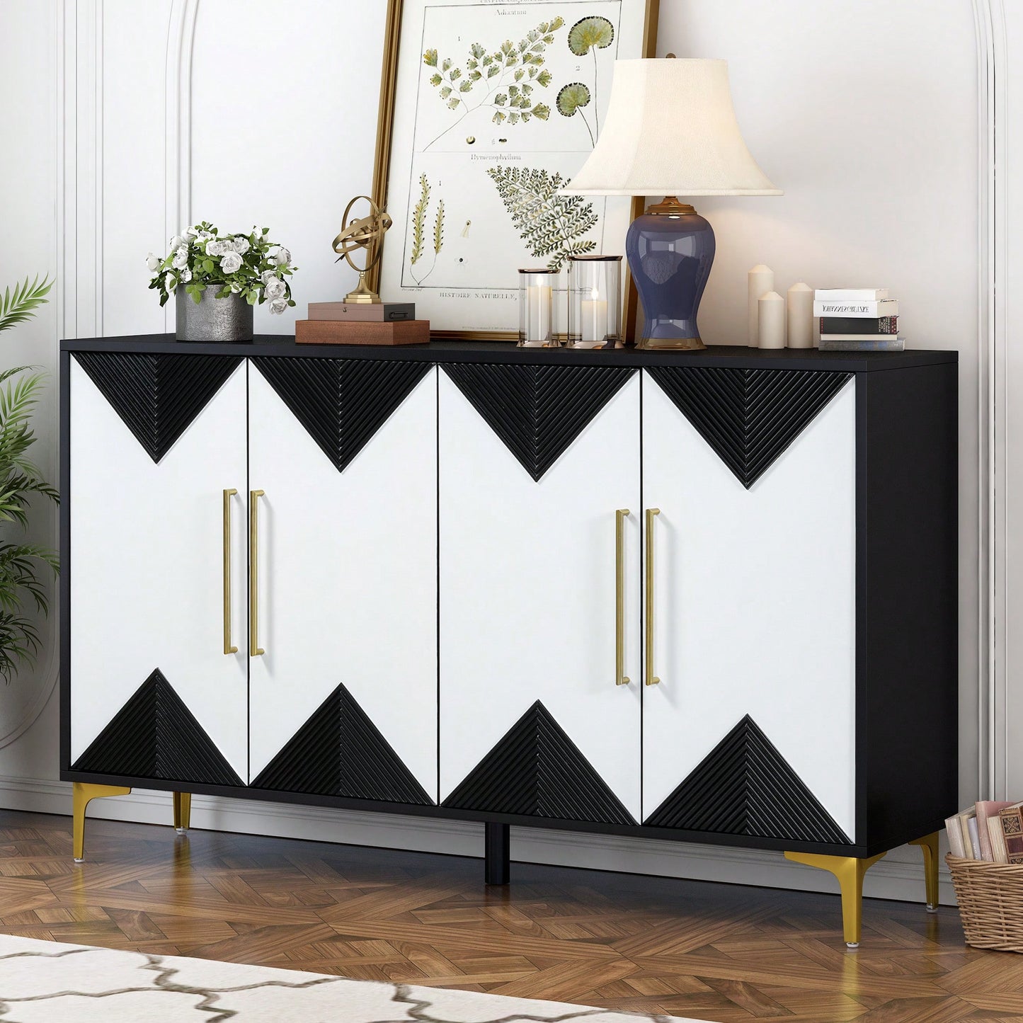 Two-Tone Triangular Pattern Four-Door Cabinet For Entryway Hallway Living Room Storage