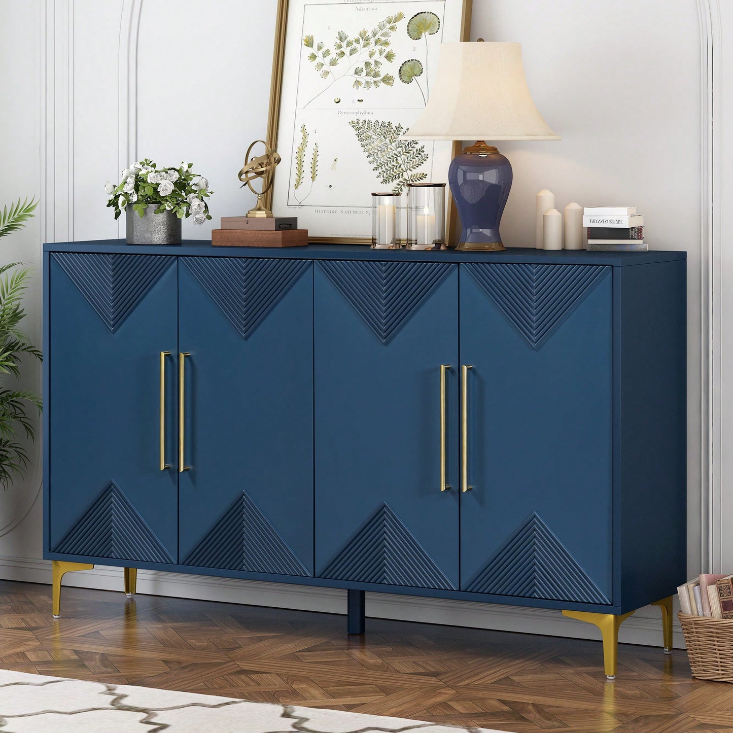 Two-Tone Triangular Pattern Four-Door Cabinet For Entryway Hallway Living Room Storage