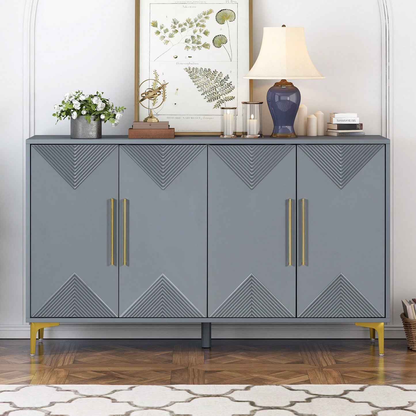 Two-Tone Triangular Pattern Four-Door Cabinet For Entryway Hallway Living Room Storage