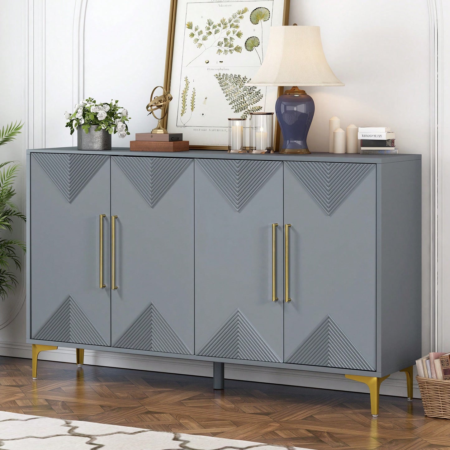 Two-Tone Triangular Pattern Four-Door Cabinet For Entryway Hallway Living Room Storage