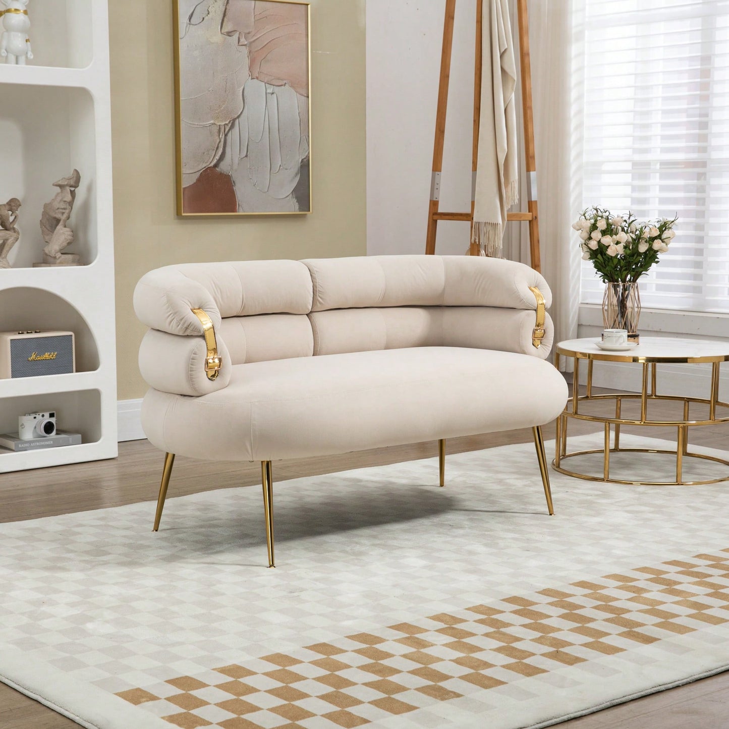 Elegant Curved Backrest Mini Loveseat Sofa With Golden Accents For Living Room Bedroom Office Beige Upholstered Accent Couch