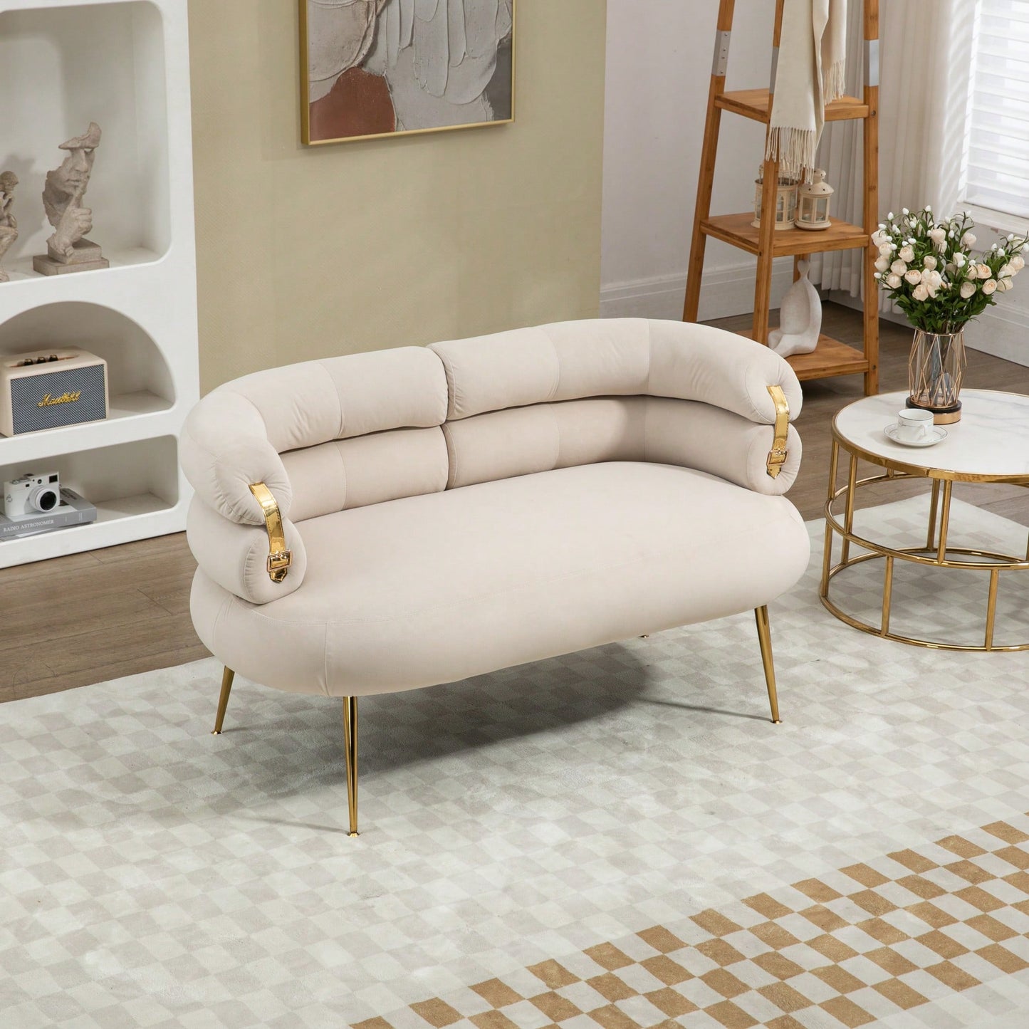 Elegant Curved Backrest Mini Loveseat Sofa With Golden Accents For Living Room Bedroom Office Beige Upholstered Accent Couch