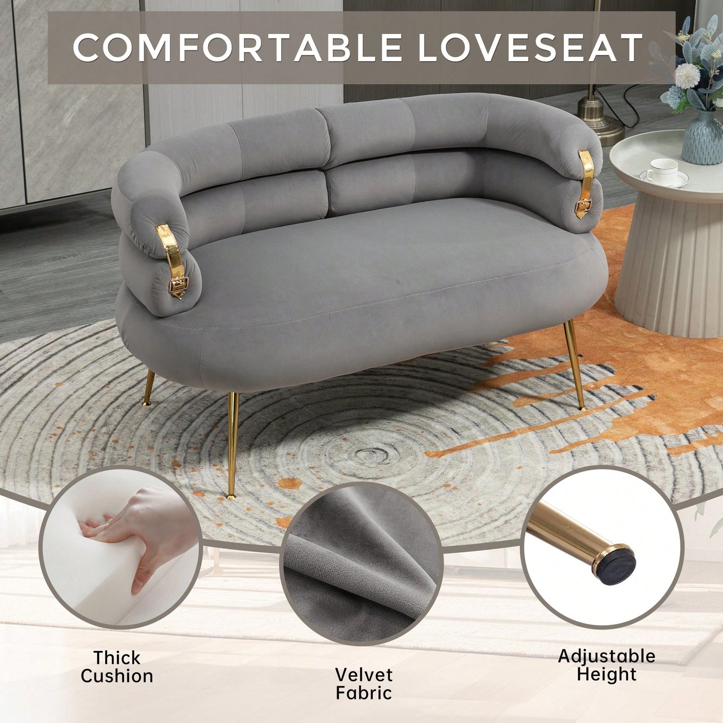 Elegant Curved Backrest Mini Loveseat Sofa With Golden Accents For Living Room Bedroom Office Beige Upholstered Accent Couch