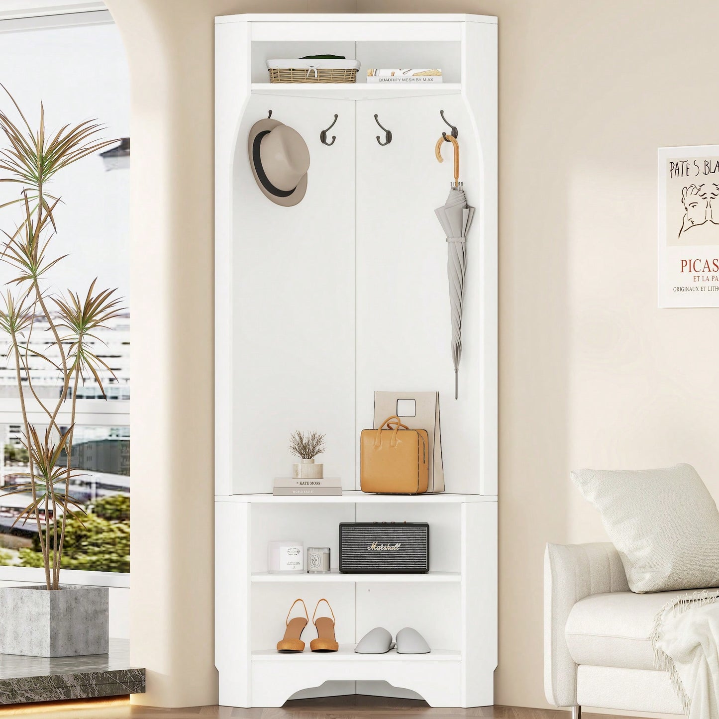 Minimalist Corner Hall Tree with Shoe Bench and Coat Rack, Stylish Entryway Organizer with 4 Hooks and Adjustable Shelf, White Finish