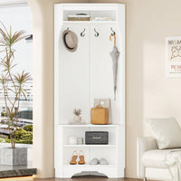 Minimalist Corner Hall Tree with Shoe Bench and Coat Rack, Stylish Entryway Organizer with 4 Hooks and Adjustable Shelf, White Finish
