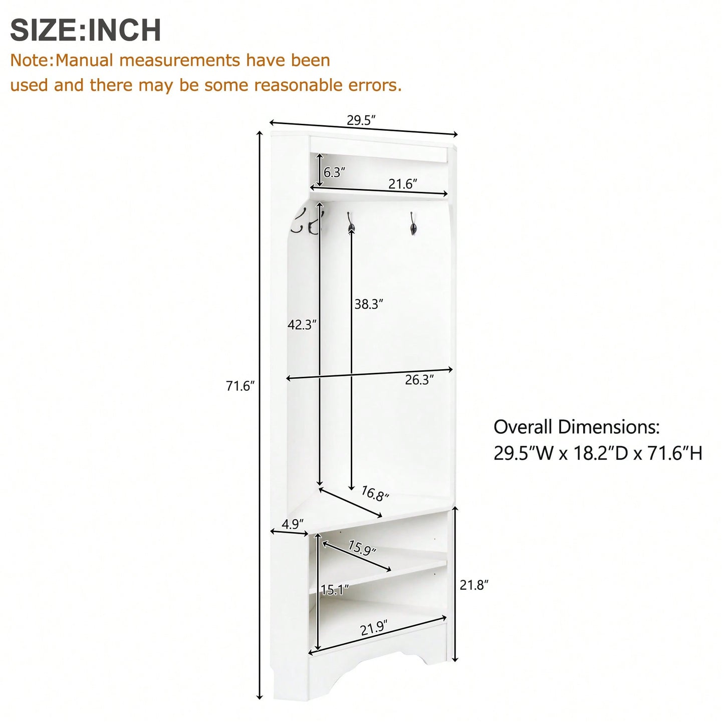 Minimalist Corner Hall Tree with Shoe Bench and Coat Rack, Stylish Entryway Organizer with 4 Hooks and Adjustable Shelf, White Finish